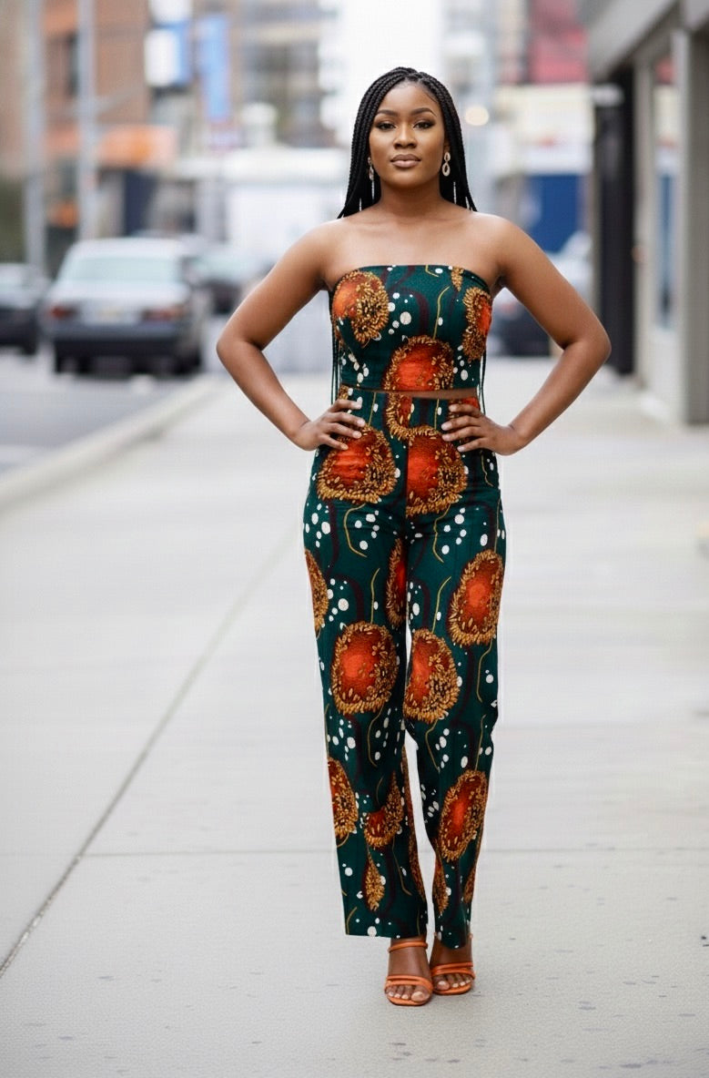 Feye Women's African Print Crop Top and Matching Wide-leg Pant Set  (Green)