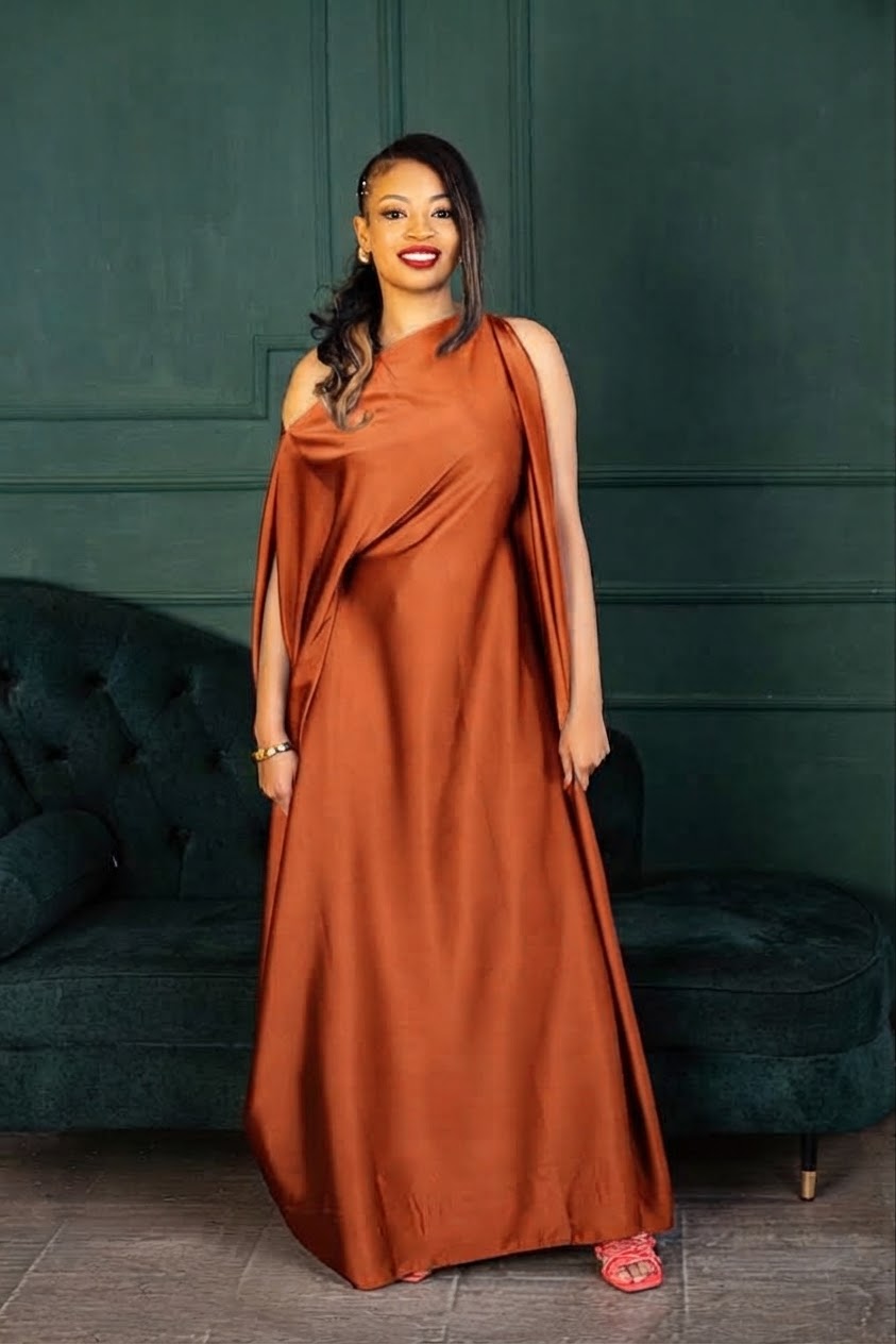 Nuru Elegant Crepe Kaftan Dress | Contemporary Women's Maxi Gown - Burnt Orange