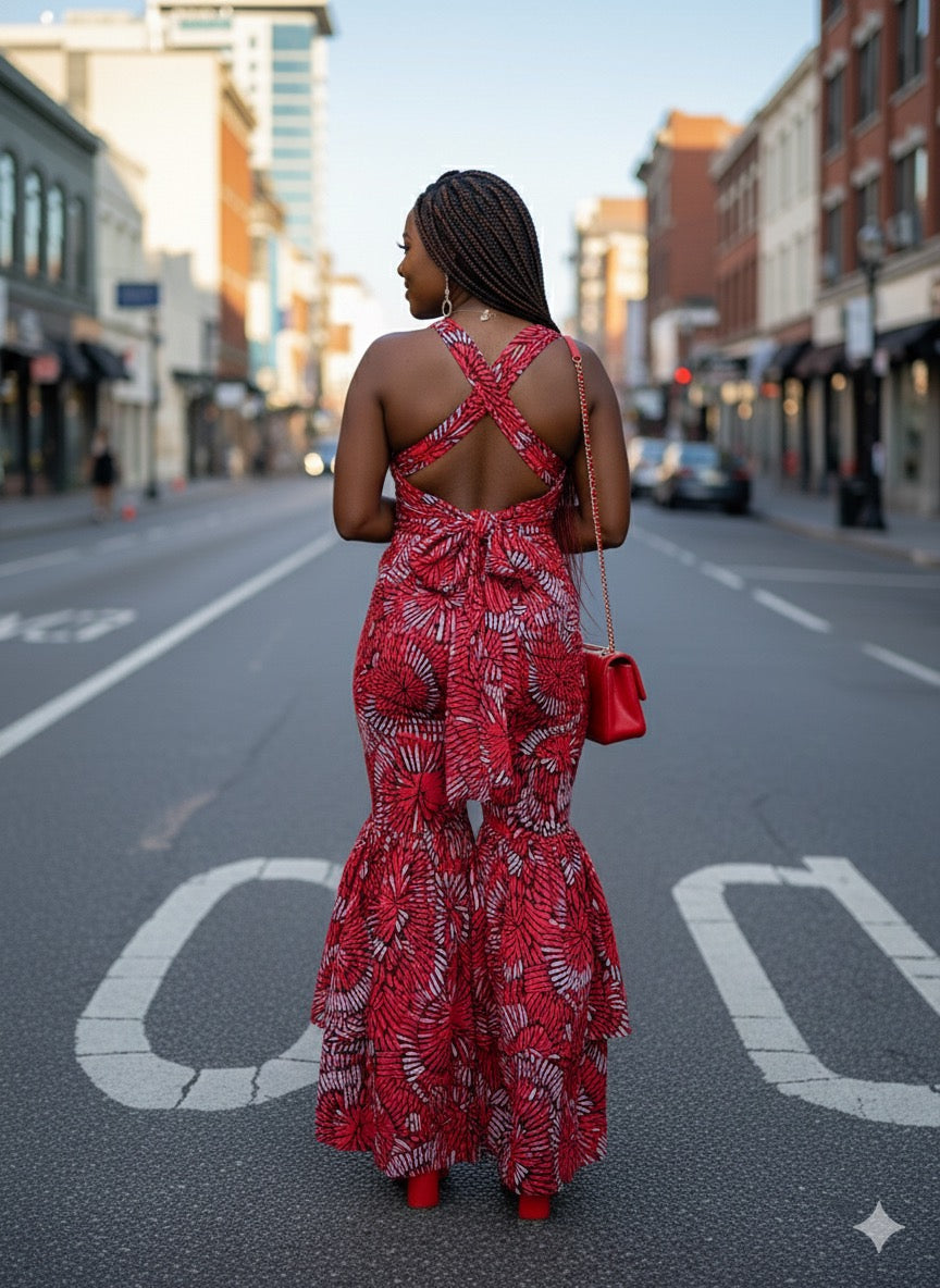 Amina Women's African Print Bell Bottom Infinity Jumpsuit