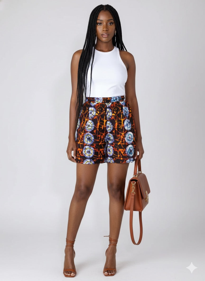 Tausi African Print High-Waisted Shorts (Copper and sky blue)