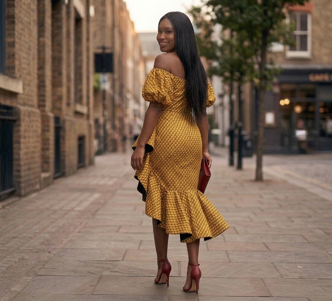 Seti Women's African Print Off-Shoulder Side Ruffle Dress  - Yellow