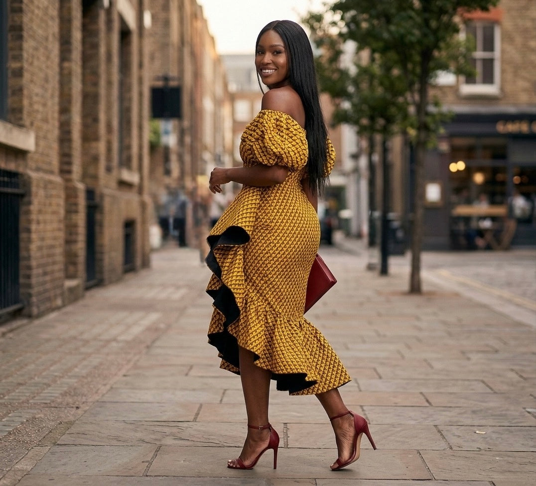 Seti Women's African Print Off-Shoulder Side Ruffle Dress  - Yellow