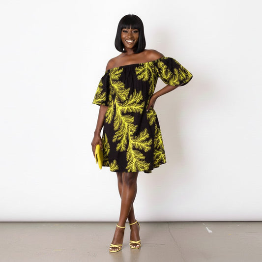 Nigist Women's African Print off shoulder Free Flowing Dress (Yellow)