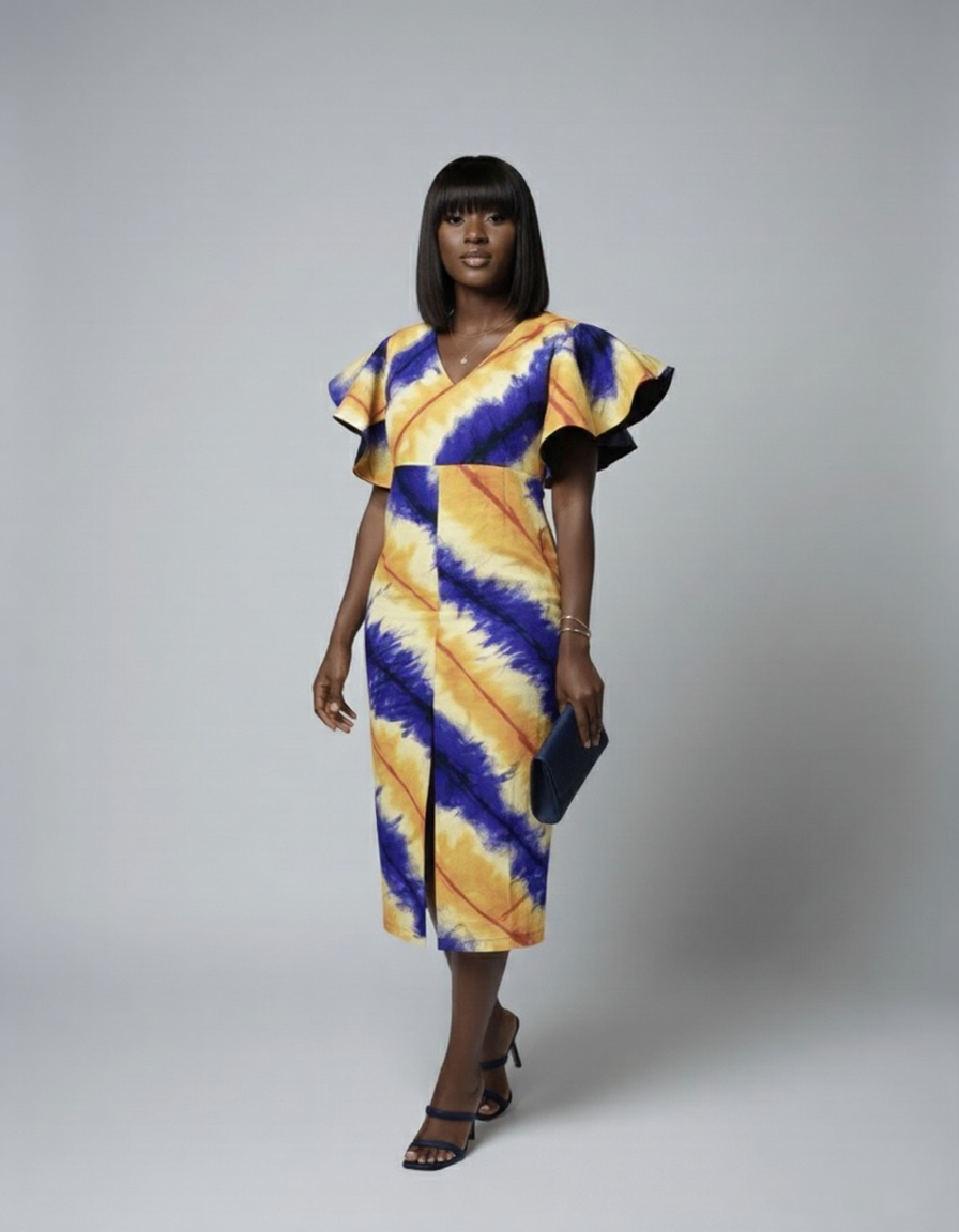 Nala Ankara Midi Dress - Yellow and Blue