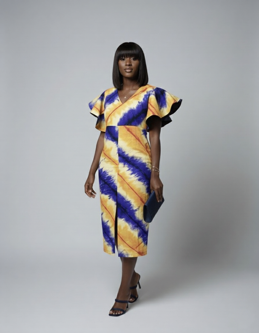 Nala Ankara Midi Dress - Yellow and Blue
