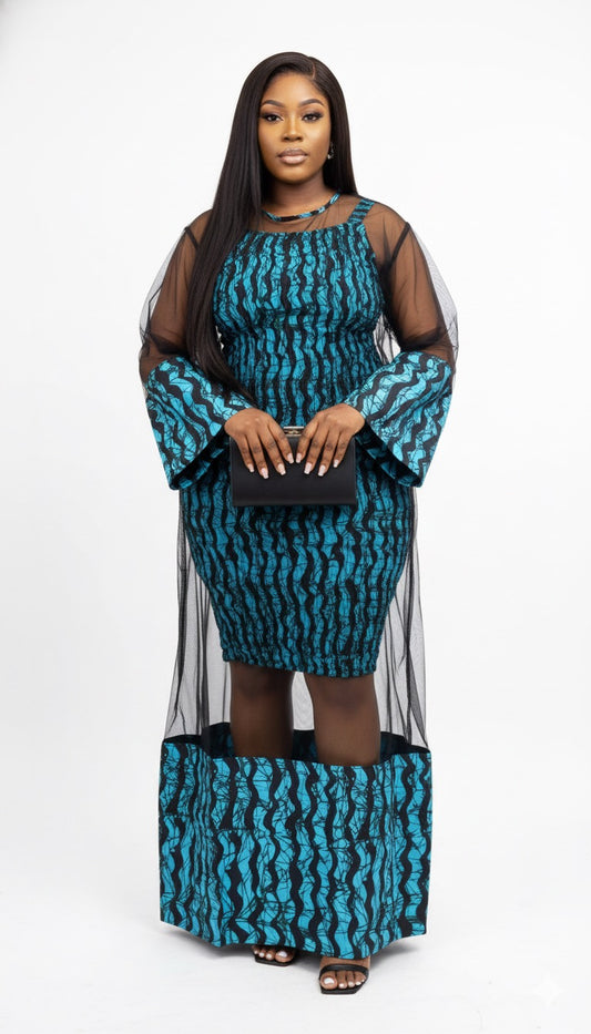 Mira Women's African Print Bodycon Dress with Lace Cover-up