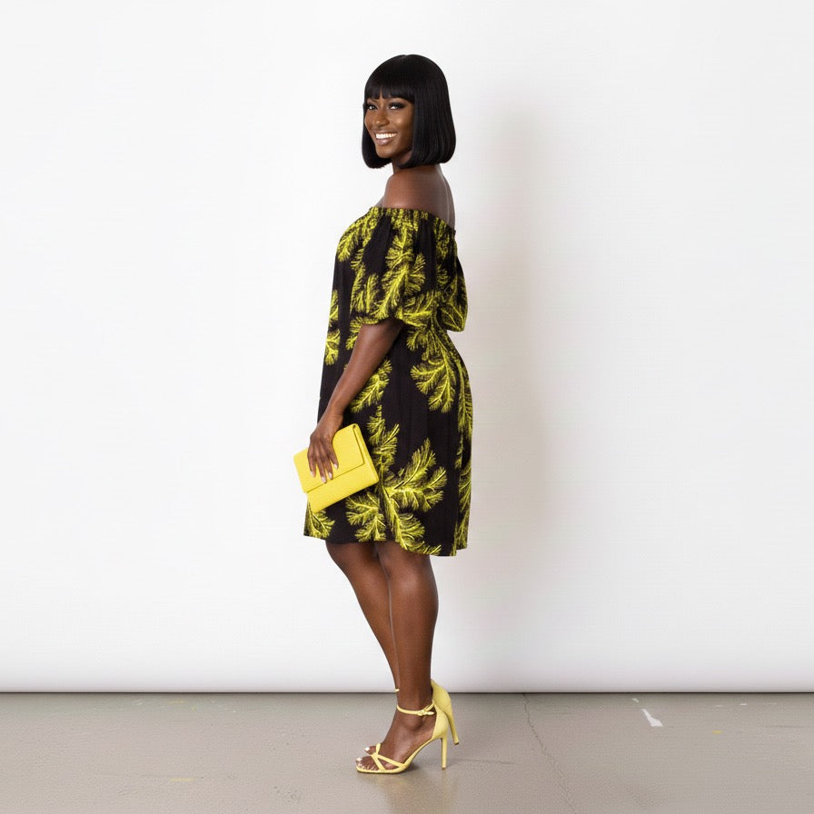Nigist Women's African Print off shoulder Free Flowing Dress (Yellow)