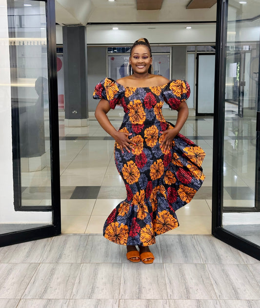SETI Women's African Print Off-Shoulder Side Ruffle Dress