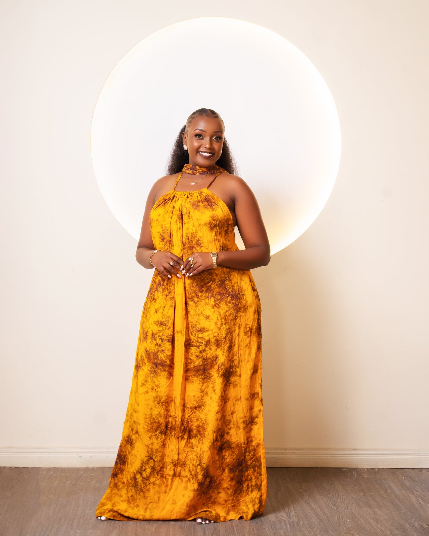 Zia Backless Maxi Dress | with in built boob support and head wrap -Yellow
