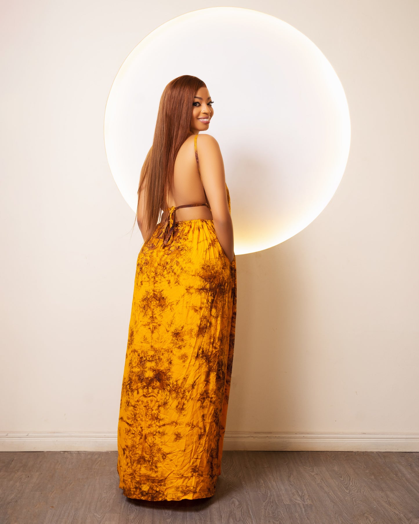 Zia Backless Maxi Dress | with in built boob support and head wrap -Yellow