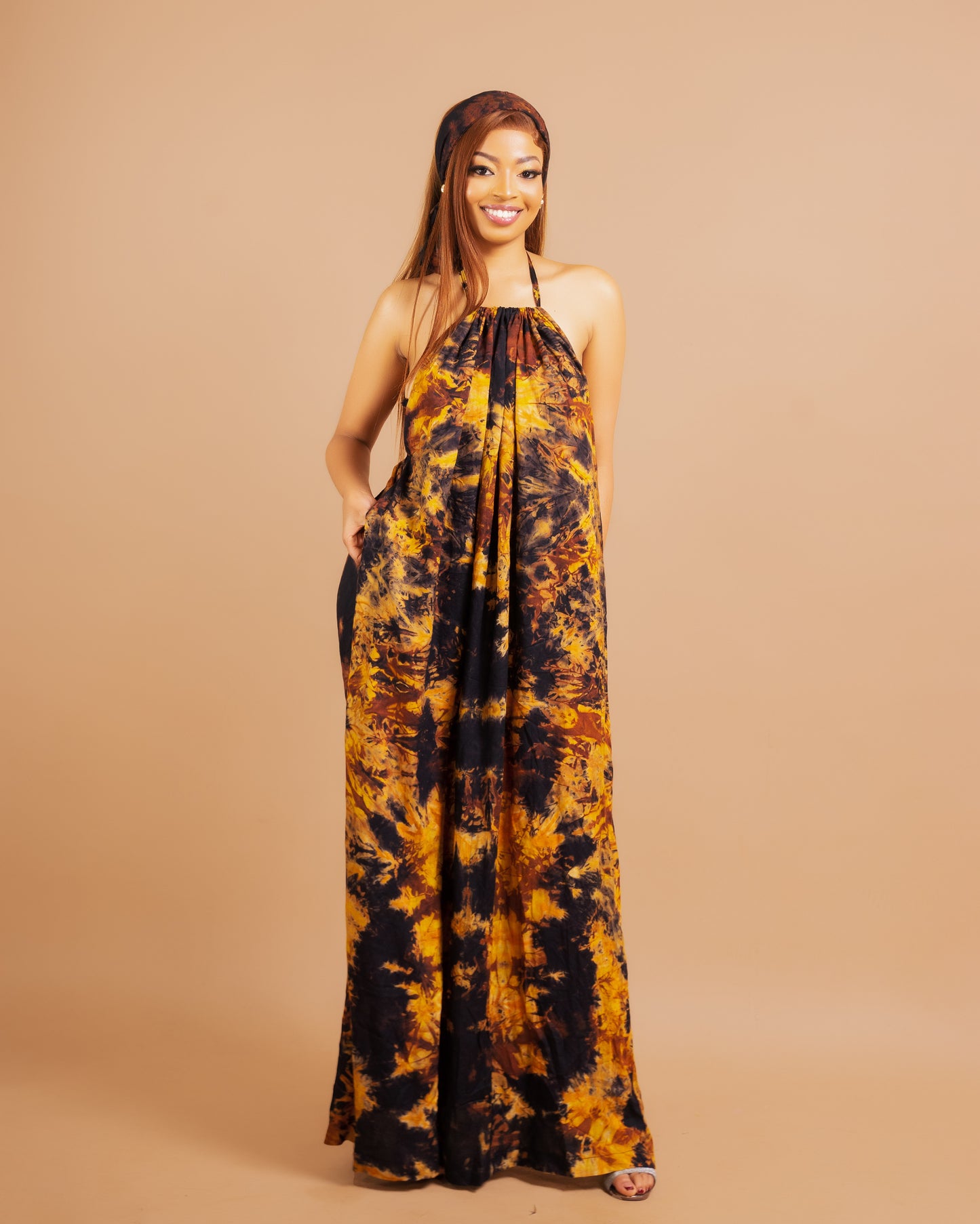 Zia Backless Maxi Dress | with in built boob support and head wrap - Yellow/Black