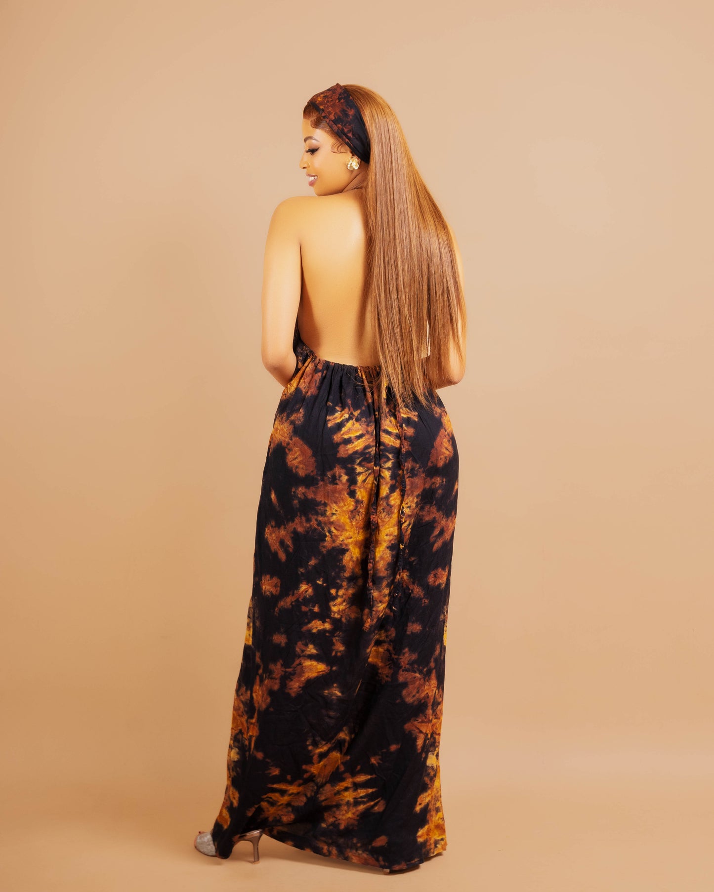 Zia Backless Maxi Dress | with in built boob support and head wrap - Yellow/Black