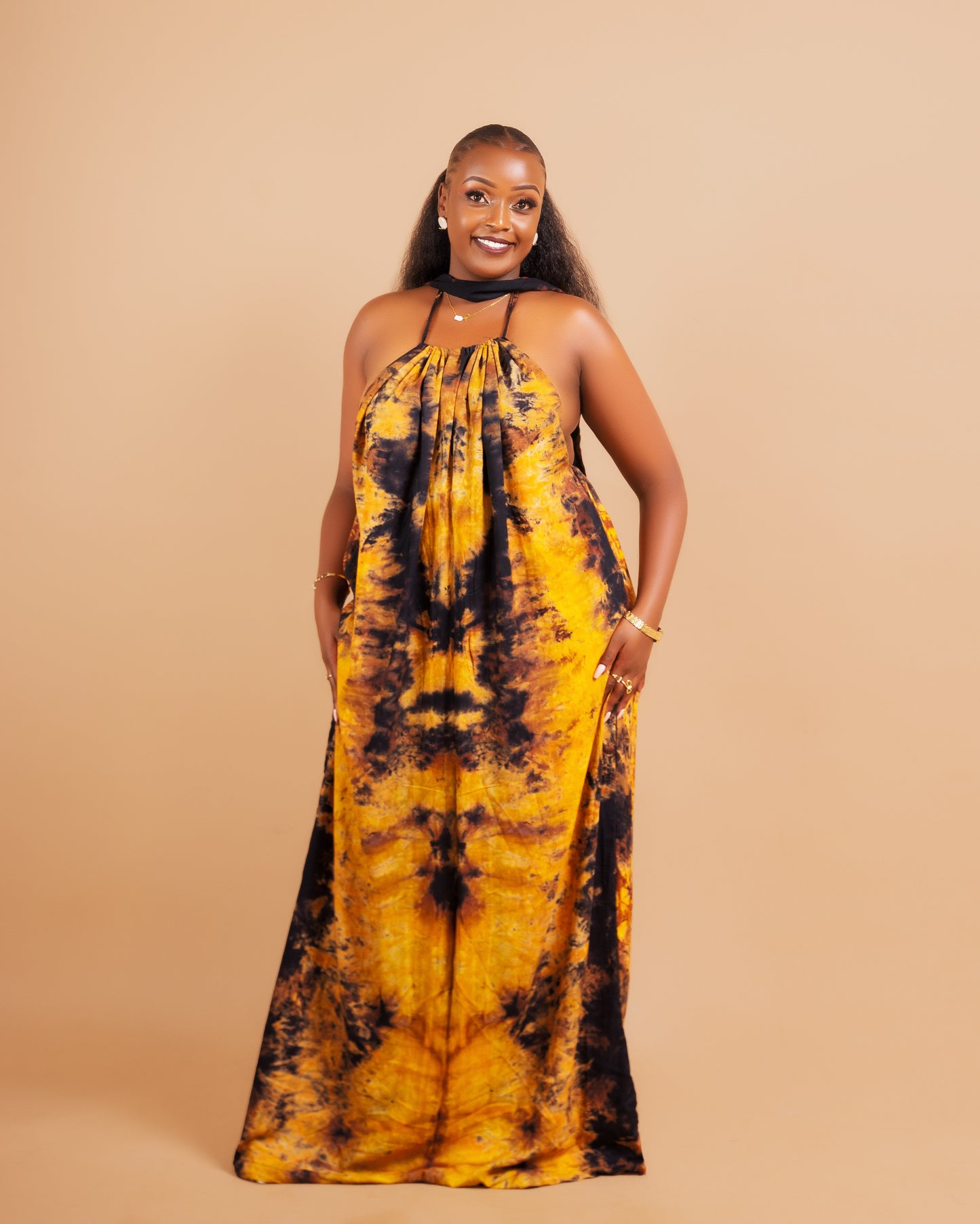 Zia Backless Maxi Dress | with in built boob support and head wrap - Yellow/Black