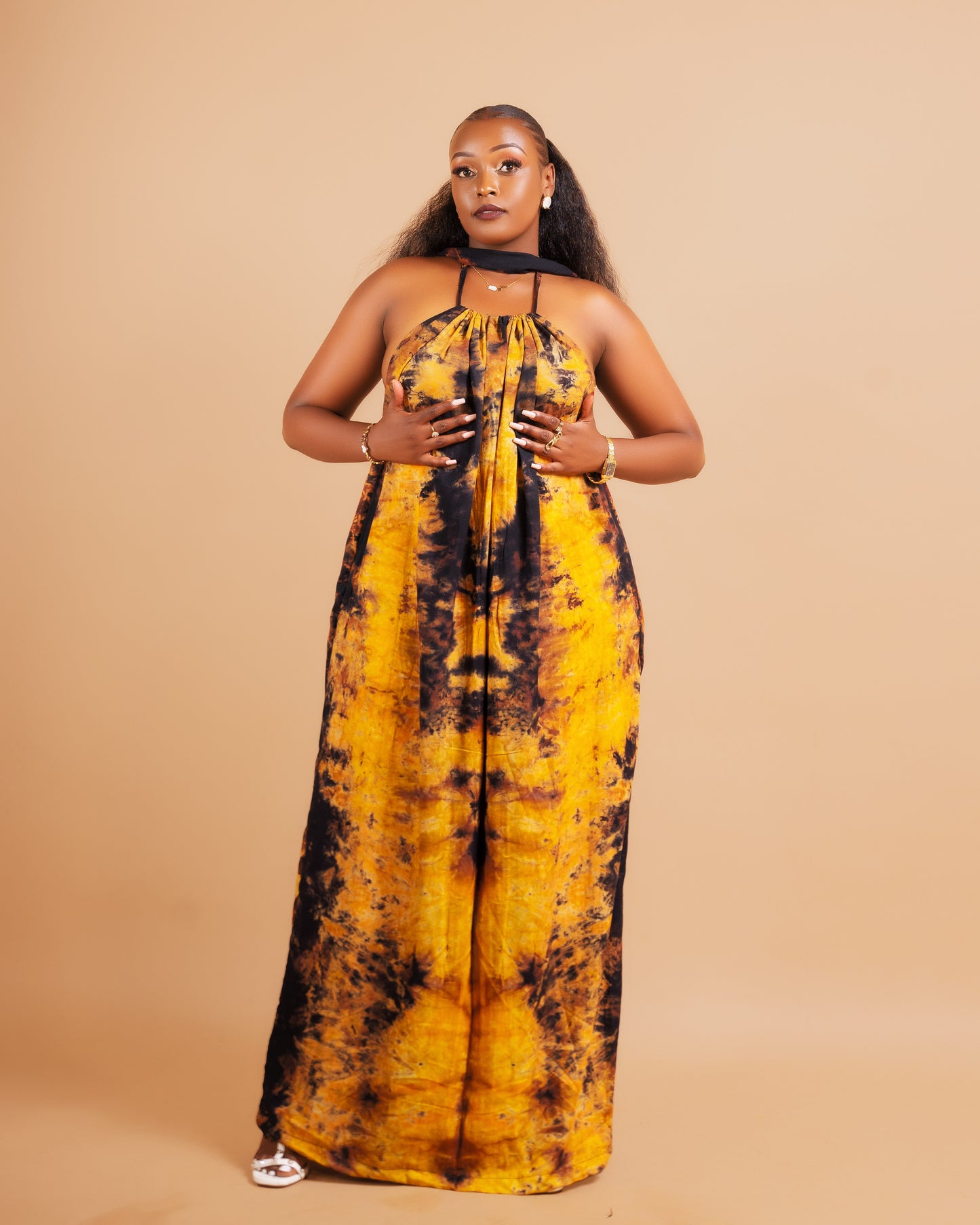 Zia Backless Maxi Dress | with in built boob support and head wrap - Yellow/Black