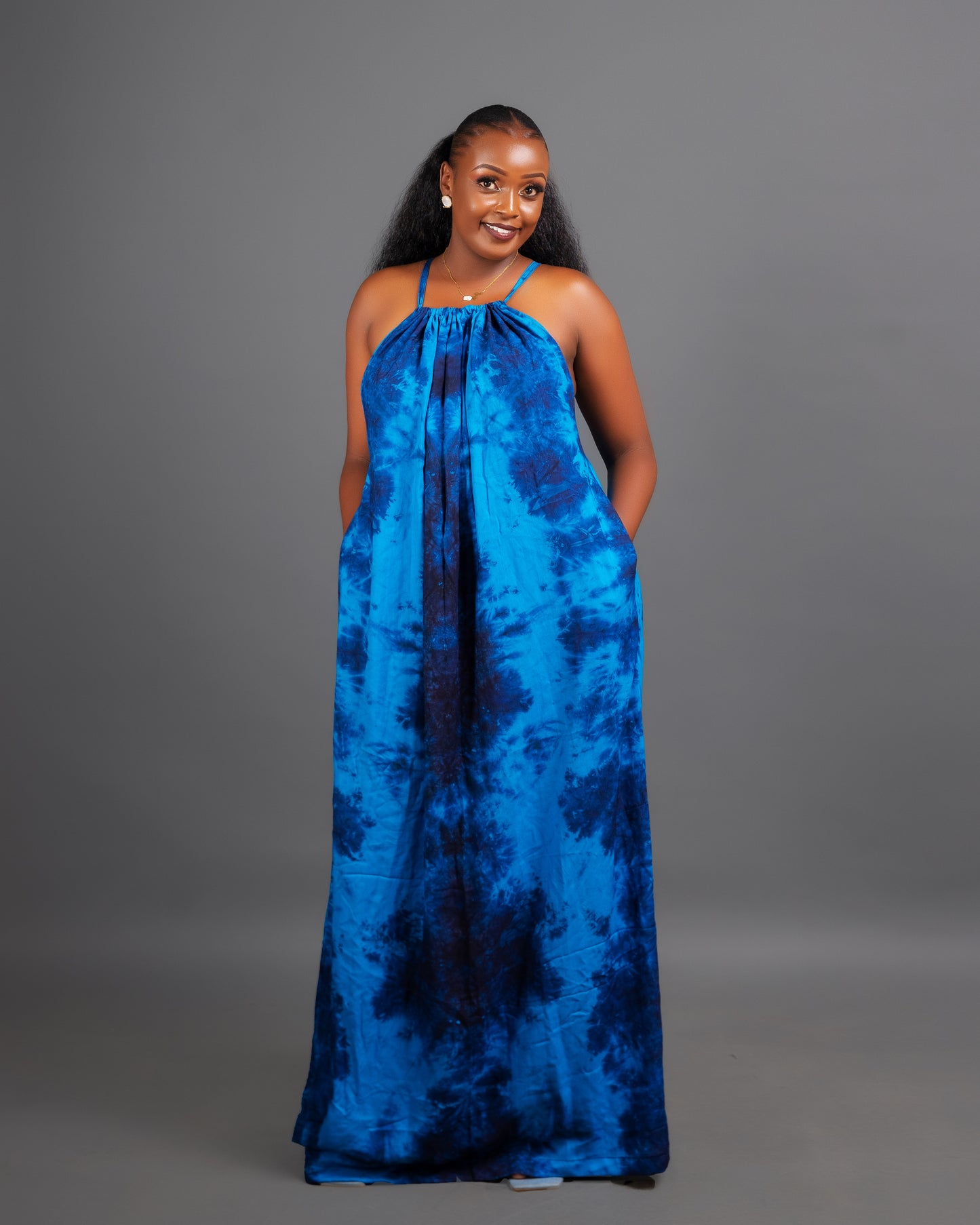 Zia Backless Maxi Dress | with in built boob support and head wrap - Blue