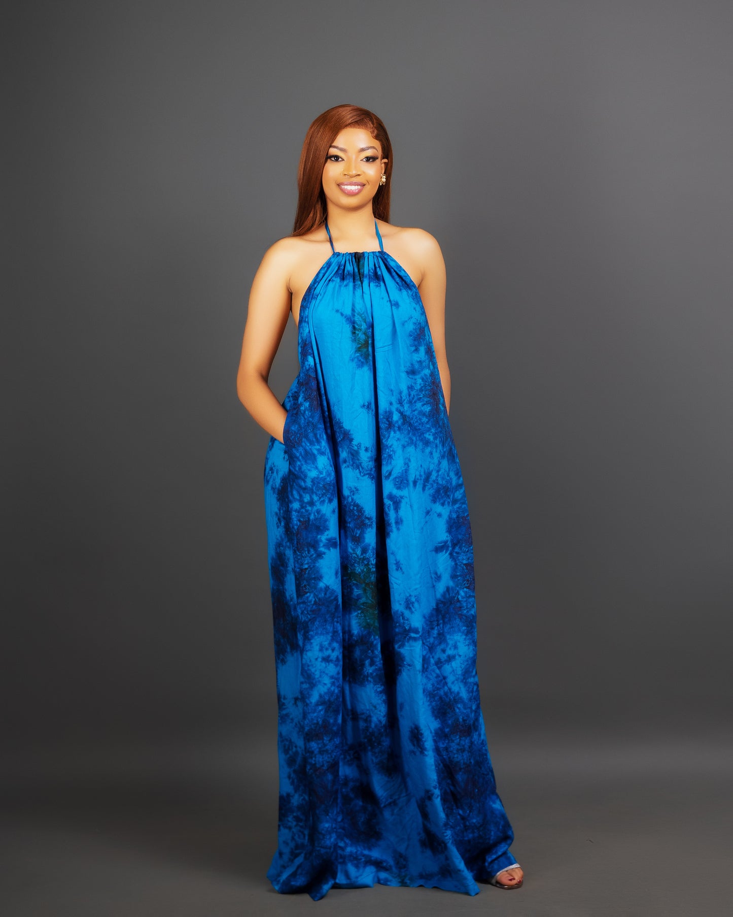 Zia Backless Maxi Dress | with in built boob support and head wrap - Blue