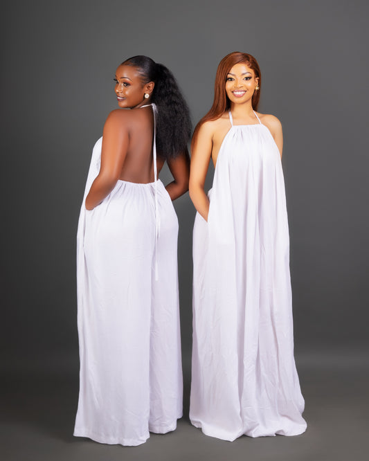 Zia Backless Maxi Dress | with in built boob support and head wrap - White