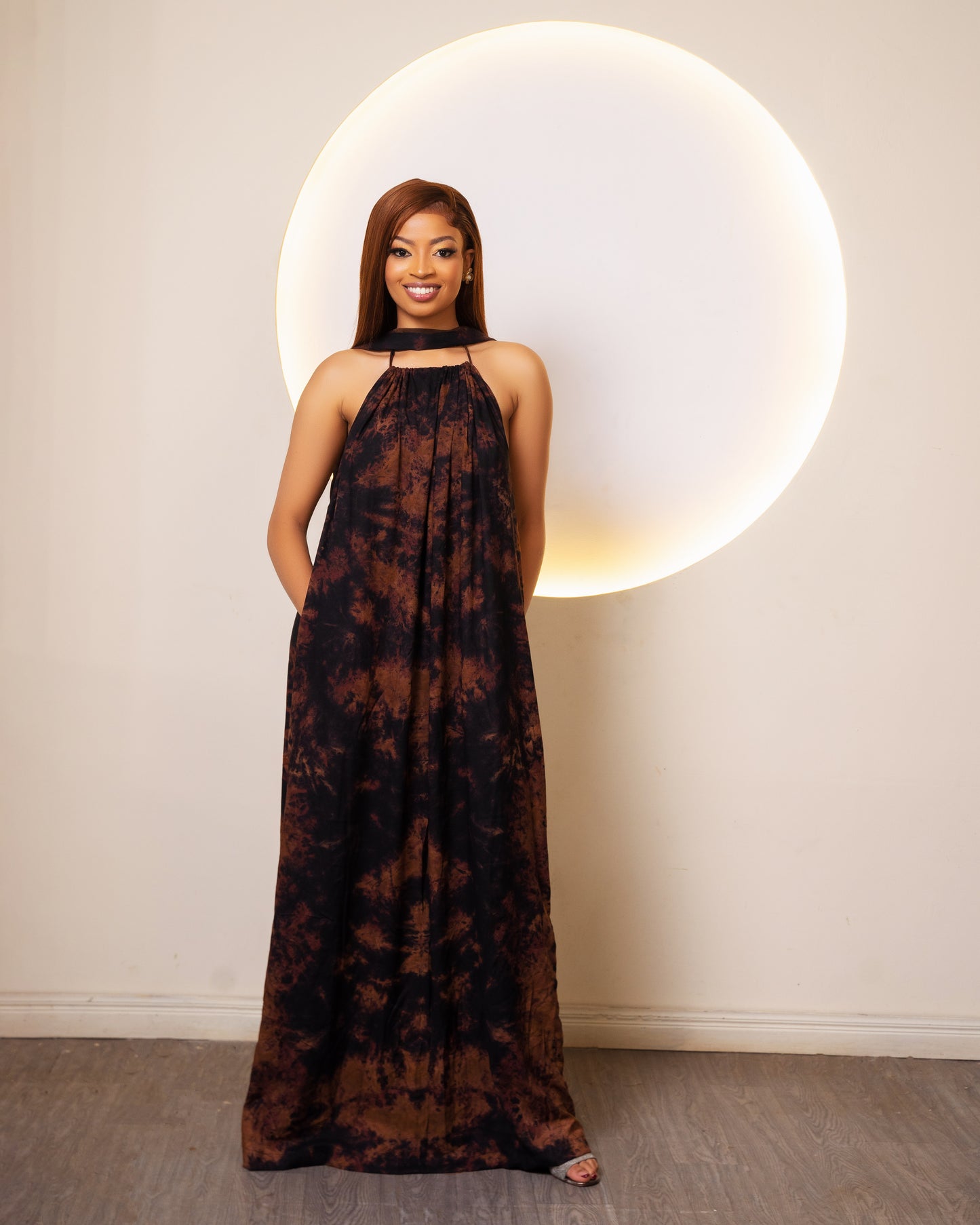 Zia Backless Maxi Dress| with in built boob support and head wrap - Brown