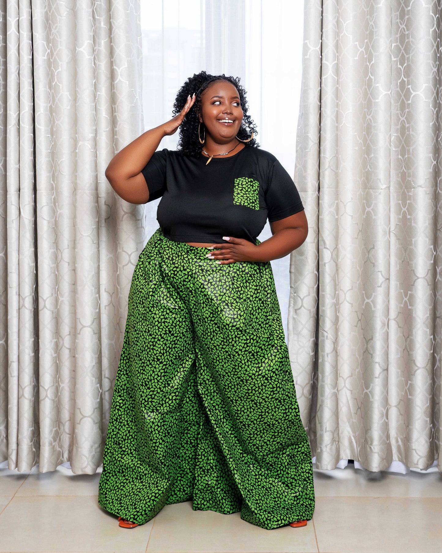 Hamza Women's Black African Print Applique Crop Top  - Green