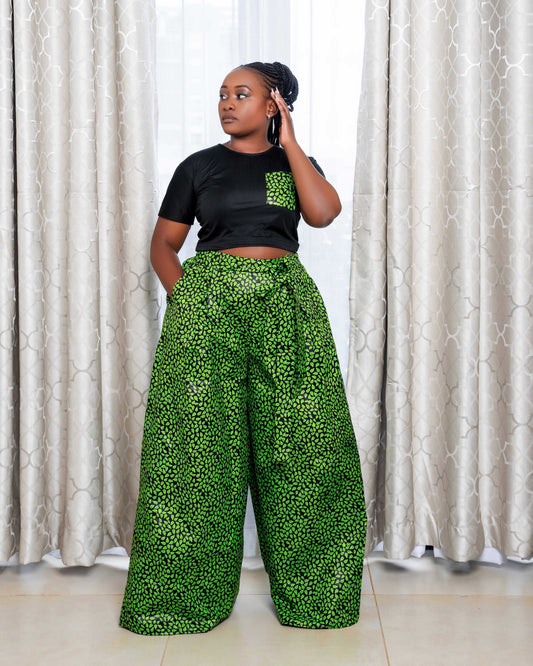 Hamza Women's Black African Print Applique Crop Top  - Green