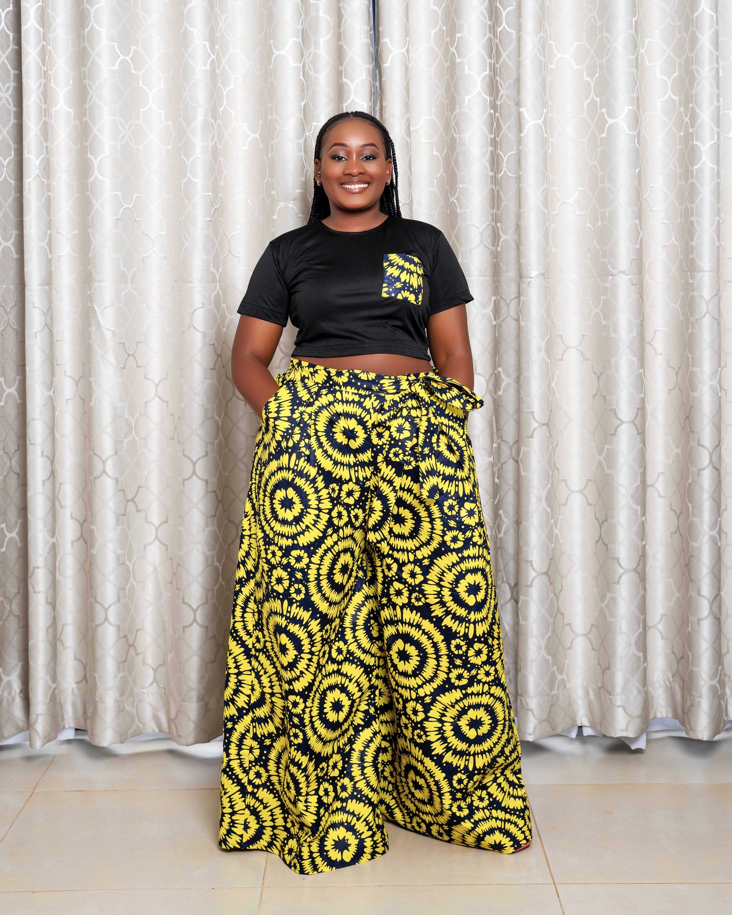 Hamza Women's Black African Print Applique Crop Top - Yellow