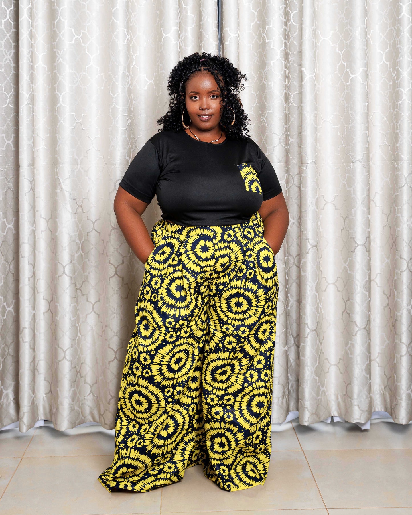 Hamza Women's Black African Print Applique Crop Top - Yellow