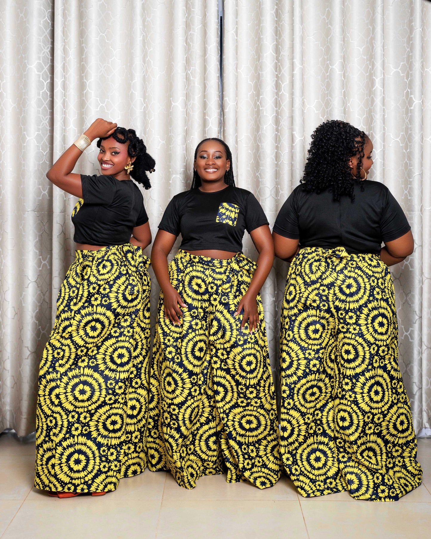 Hamza Women's Black African Print Applique Crop Top - Yellow
