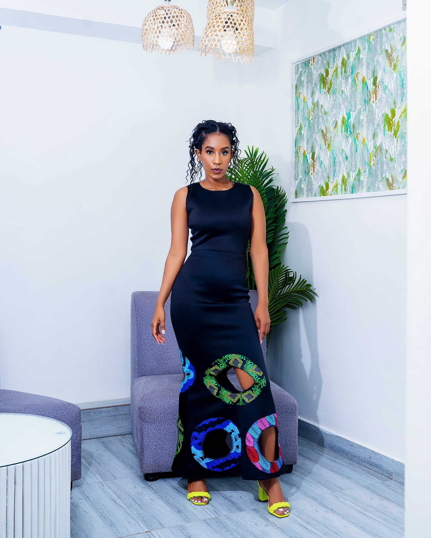 Olu Black Fitting Maxi Dress with African Fabric Accents