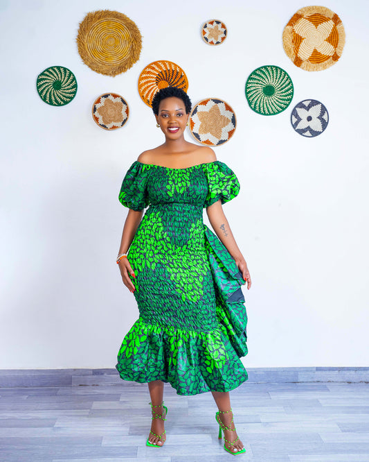 Seti Women's African Print Off-Shoulder Side Ruffle Dress  - Green