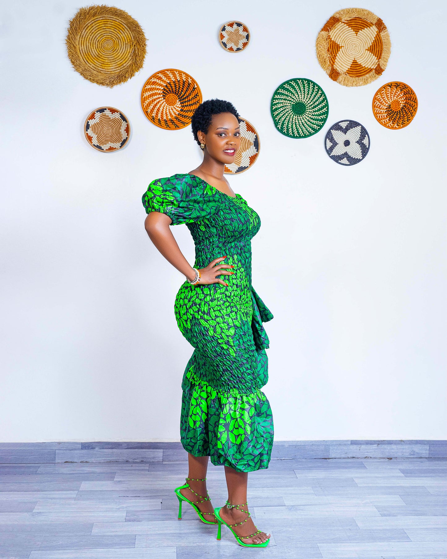 Seti Women's African Print Off-Shoulder Side Ruffle Dress  - Green