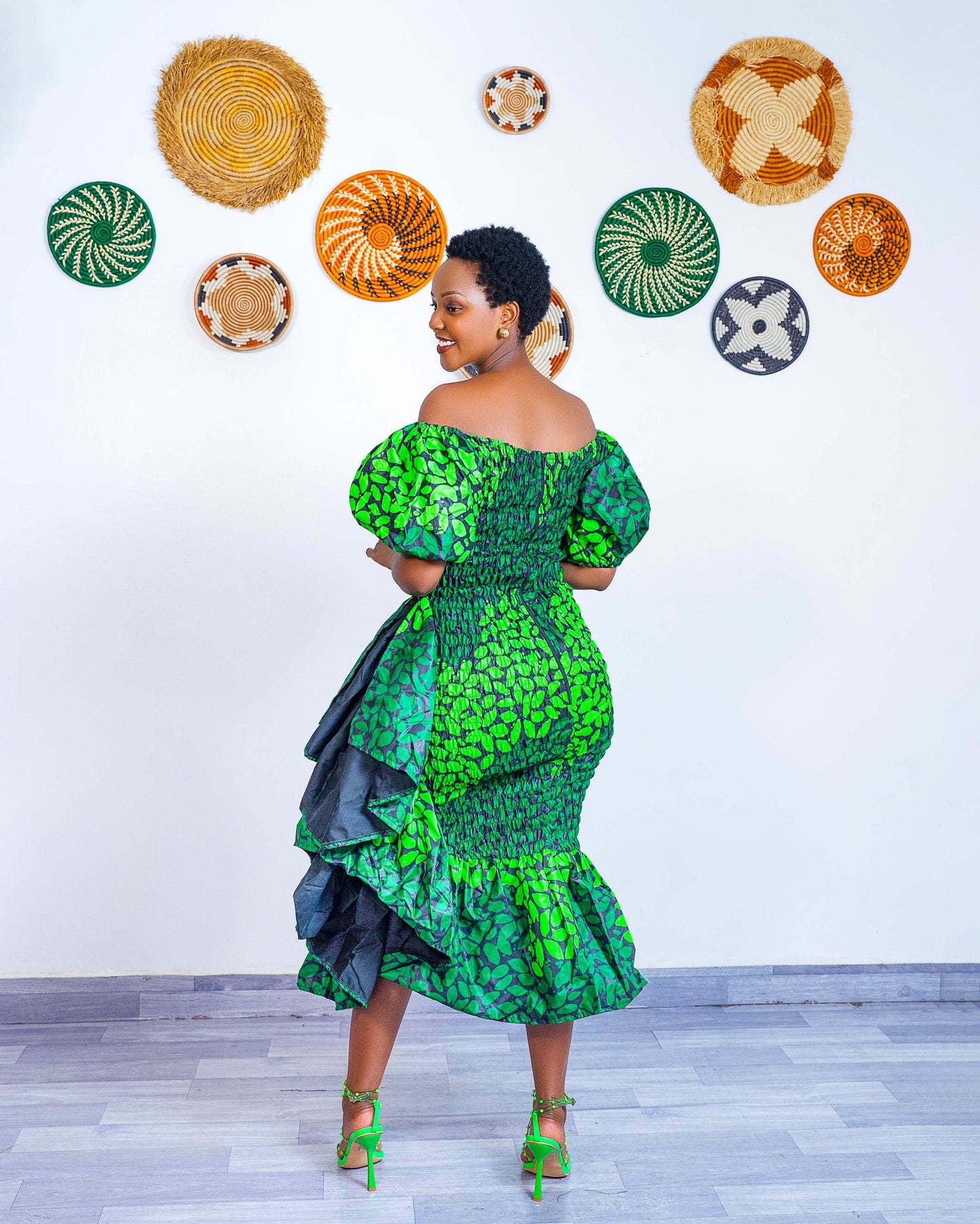 Seti Women's African Print Off-Shoulder Side Ruffle Dress  - Green