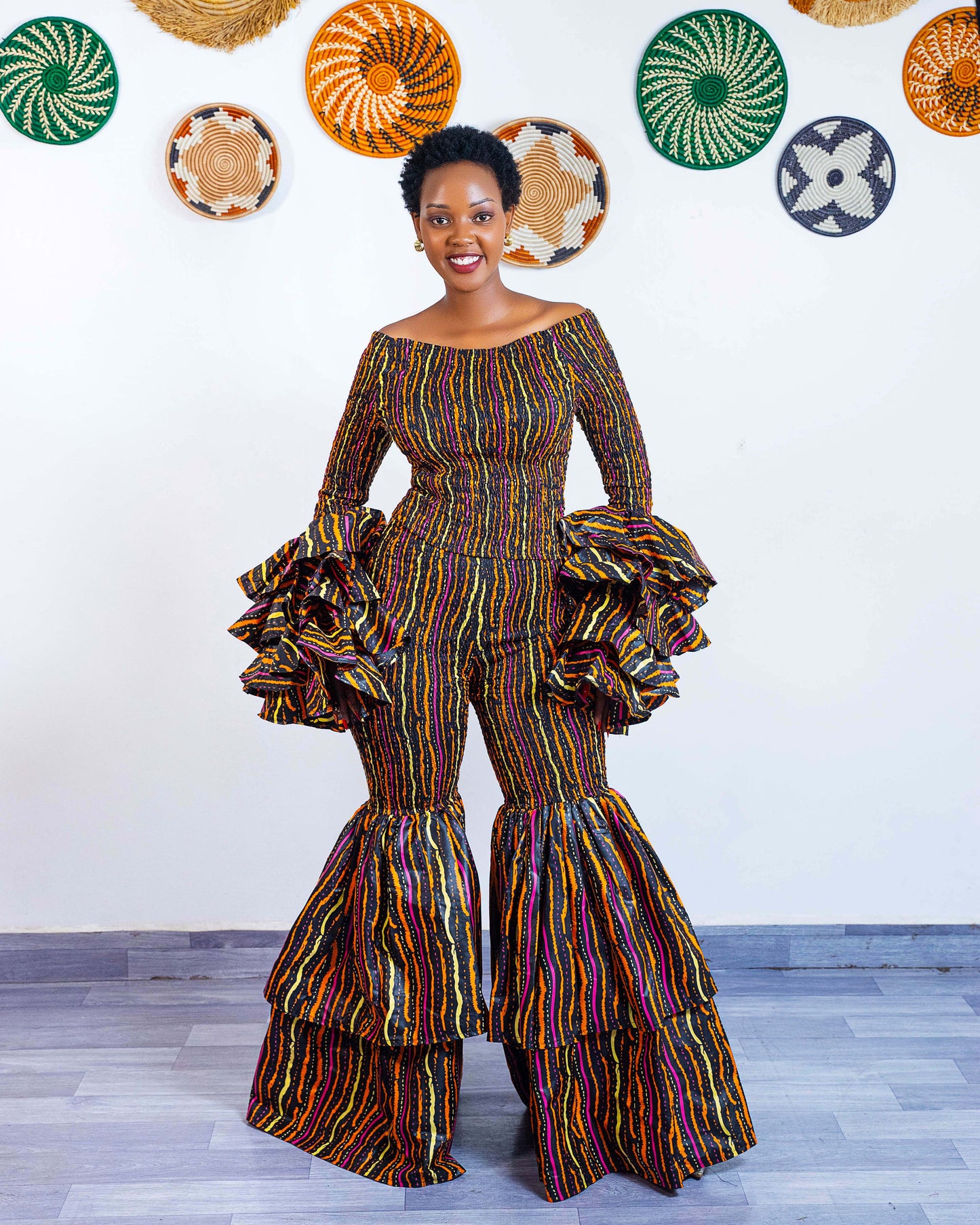 Kimi African Print Bell Bottom Pants  - Brown