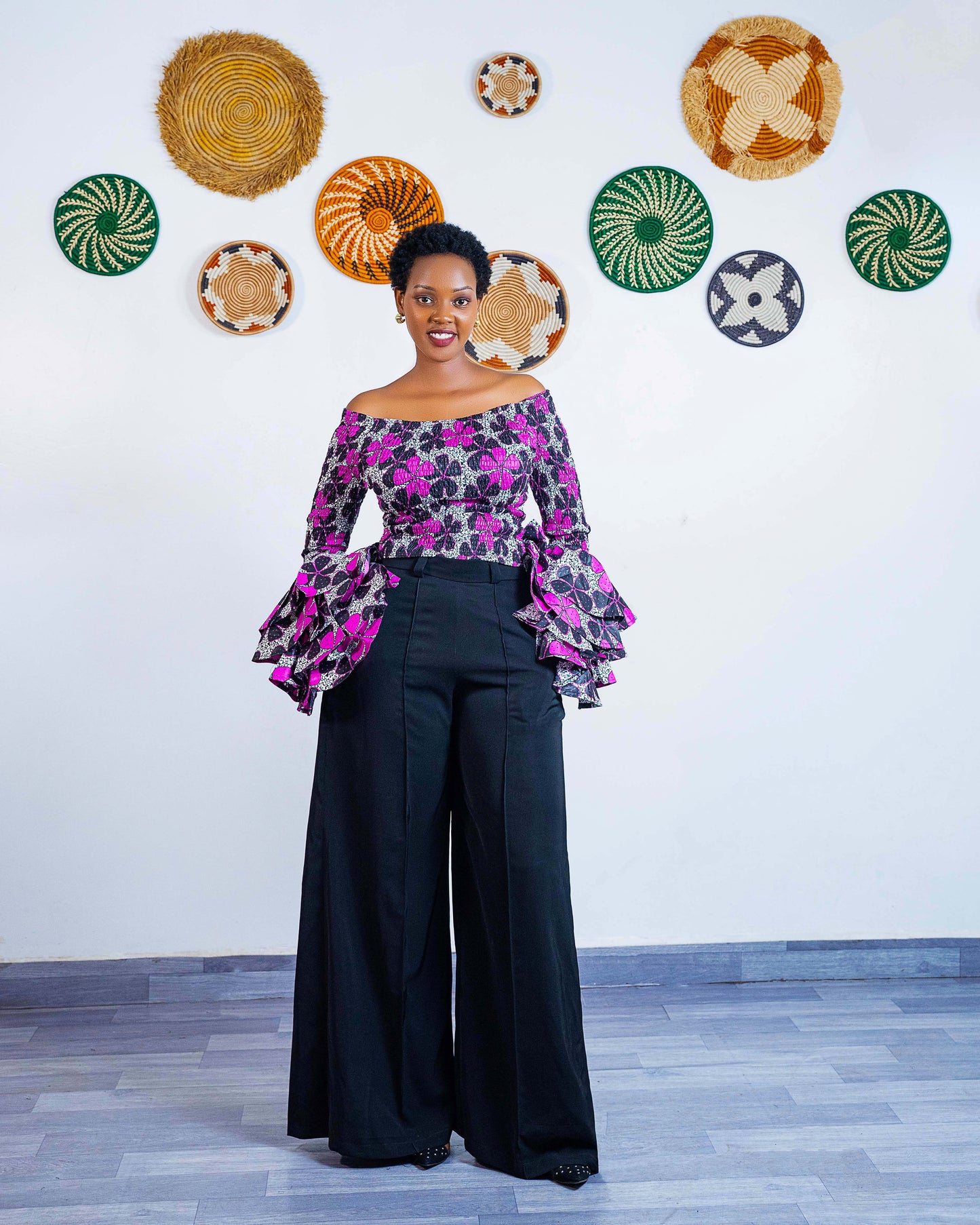 Soso African Print Bell-Sleeve Crop Top  - Pink