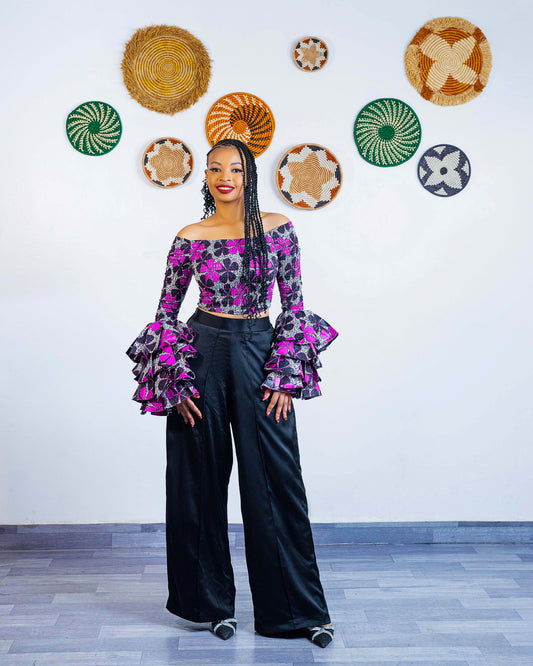 Soso African Print Bell-Sleeve Crop Top  - Pink