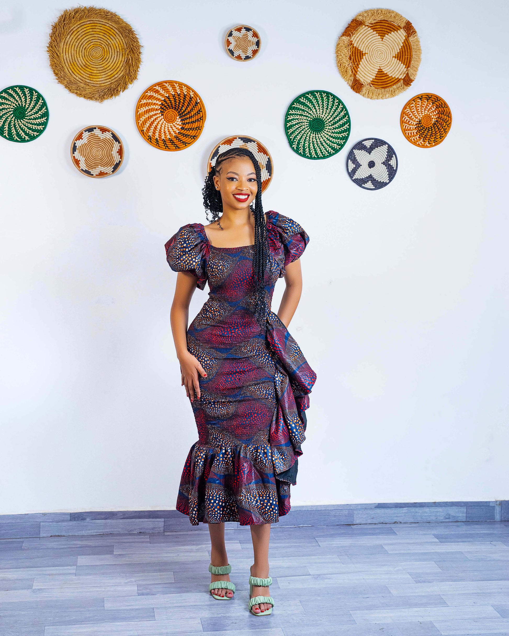 off the shoulder african print dress African Print Off the Shoulder Dresses Green & Red Multi