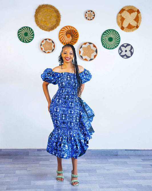 Seti Women's African Print Off-Shoulder Side Ruffle Dress - Blue