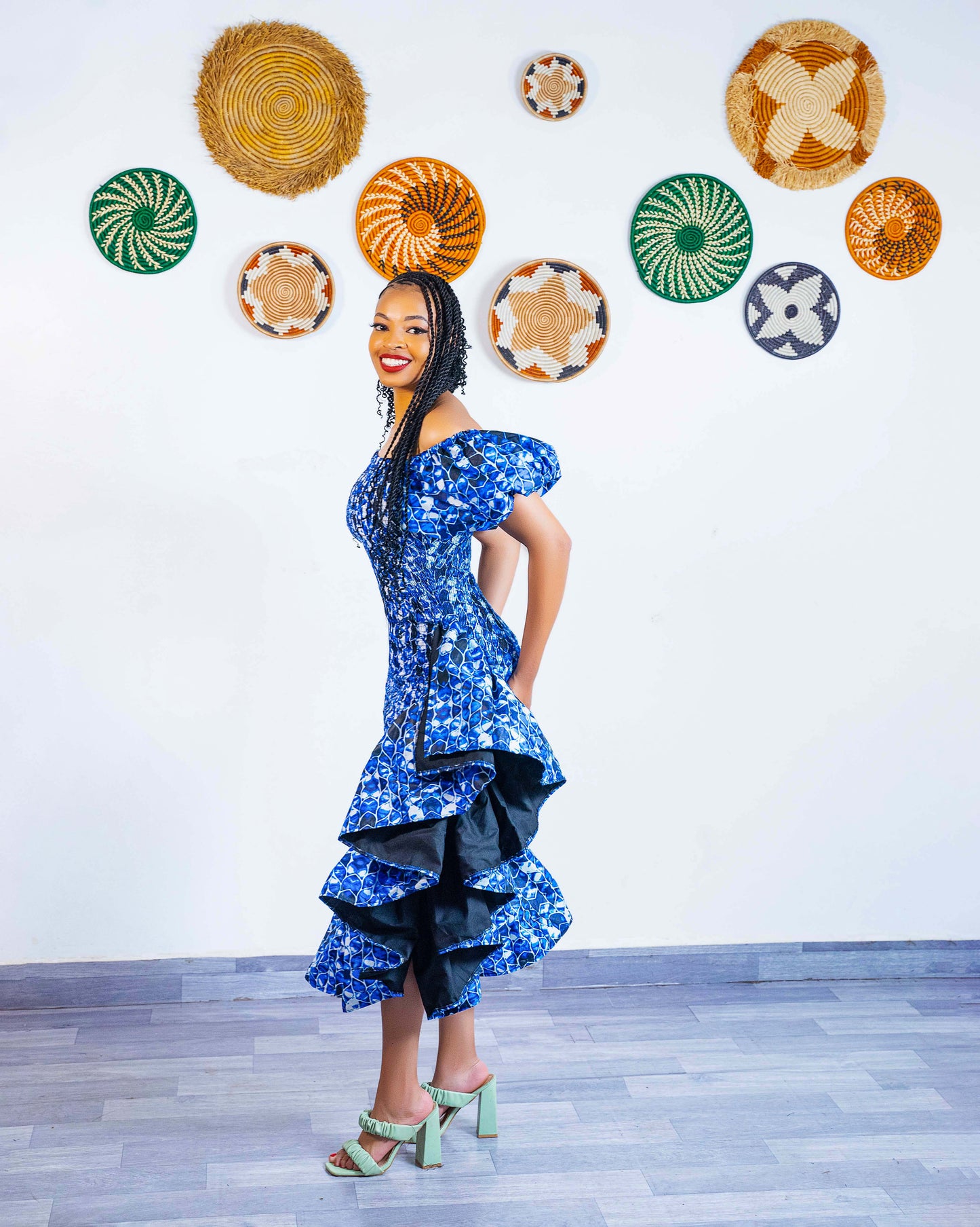 Seti Women's African Print Off-Shoulder Side Ruffle Dress - Blue