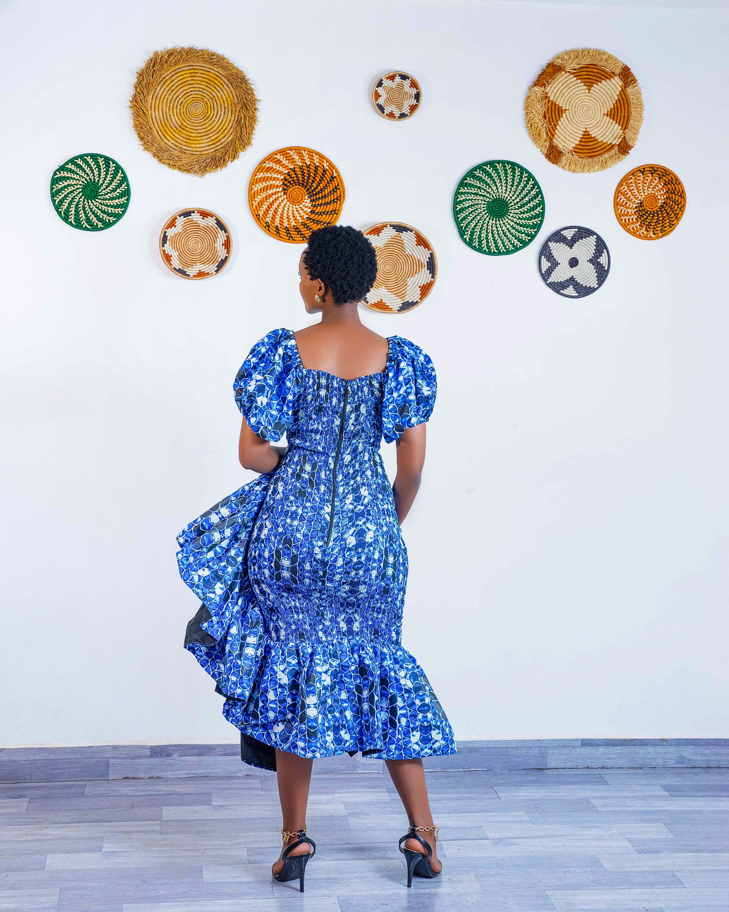 Seti Women's African Print Off-Shoulder Side Ruffle Dress - Blue