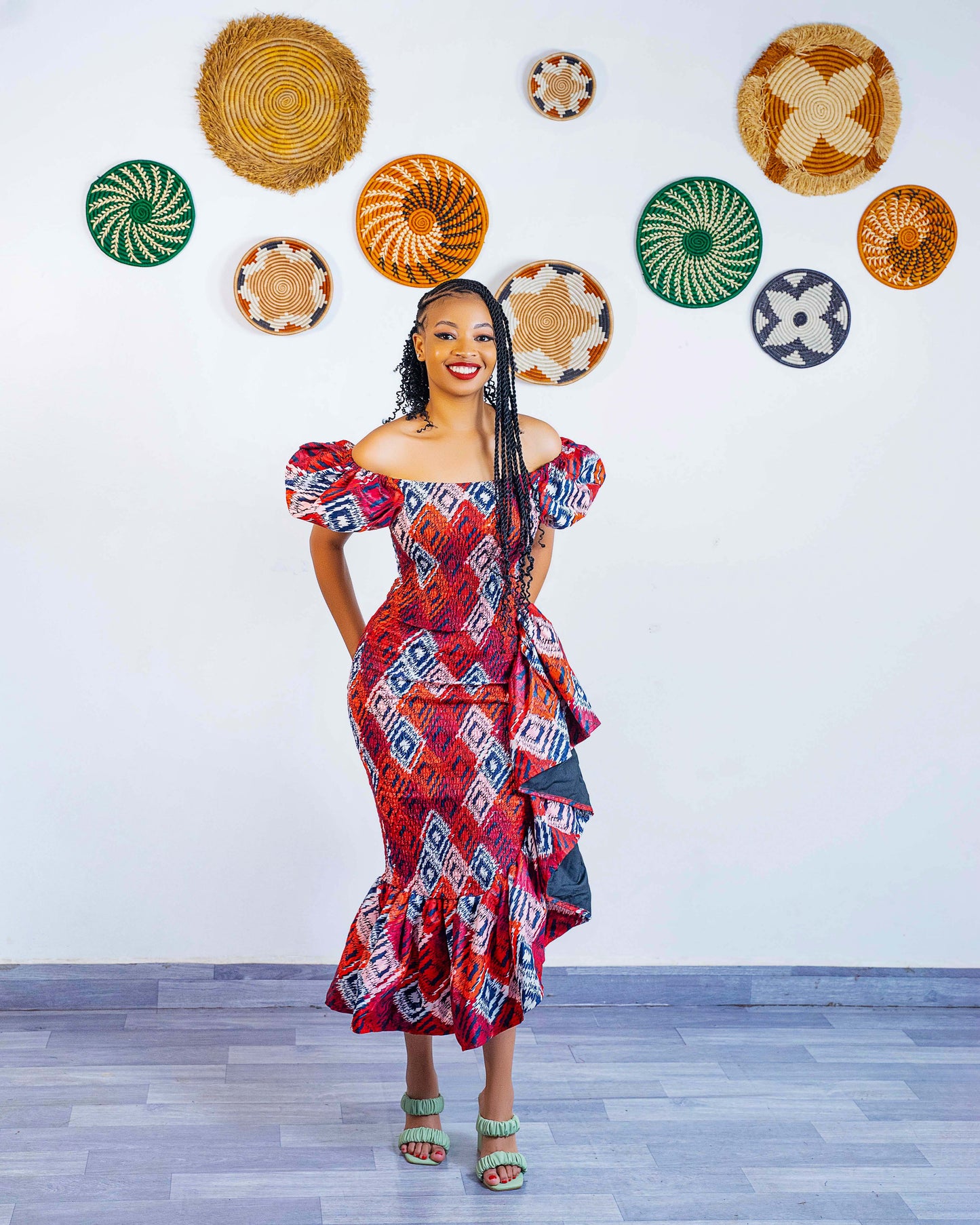 Seti Women's African Print Off-Shoulder Side Ruffle Dress  - Red