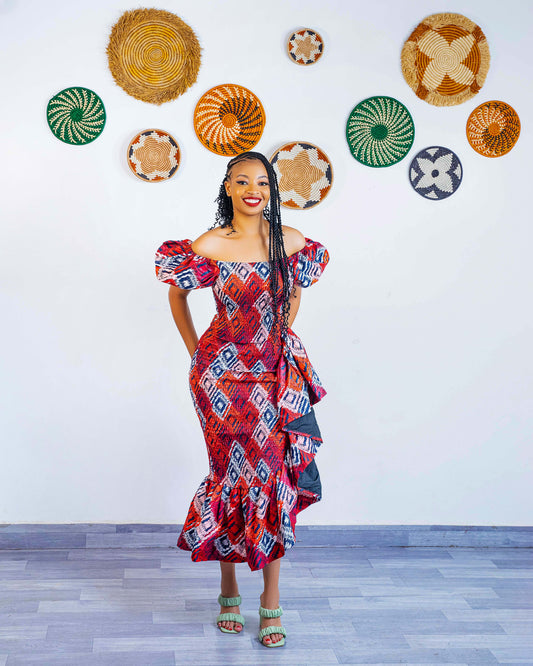 Seti Women's African Print Off-Shoulder Side Ruffle Dress  - Red