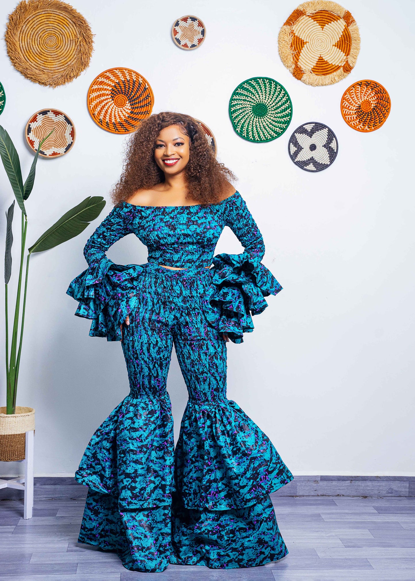 Kimi Women's African Print Bell Bottom Pants - Blue