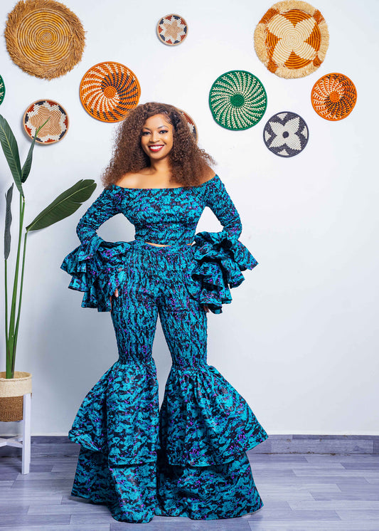 Kimi Women's African Print Bell Bottom Pants - Blue