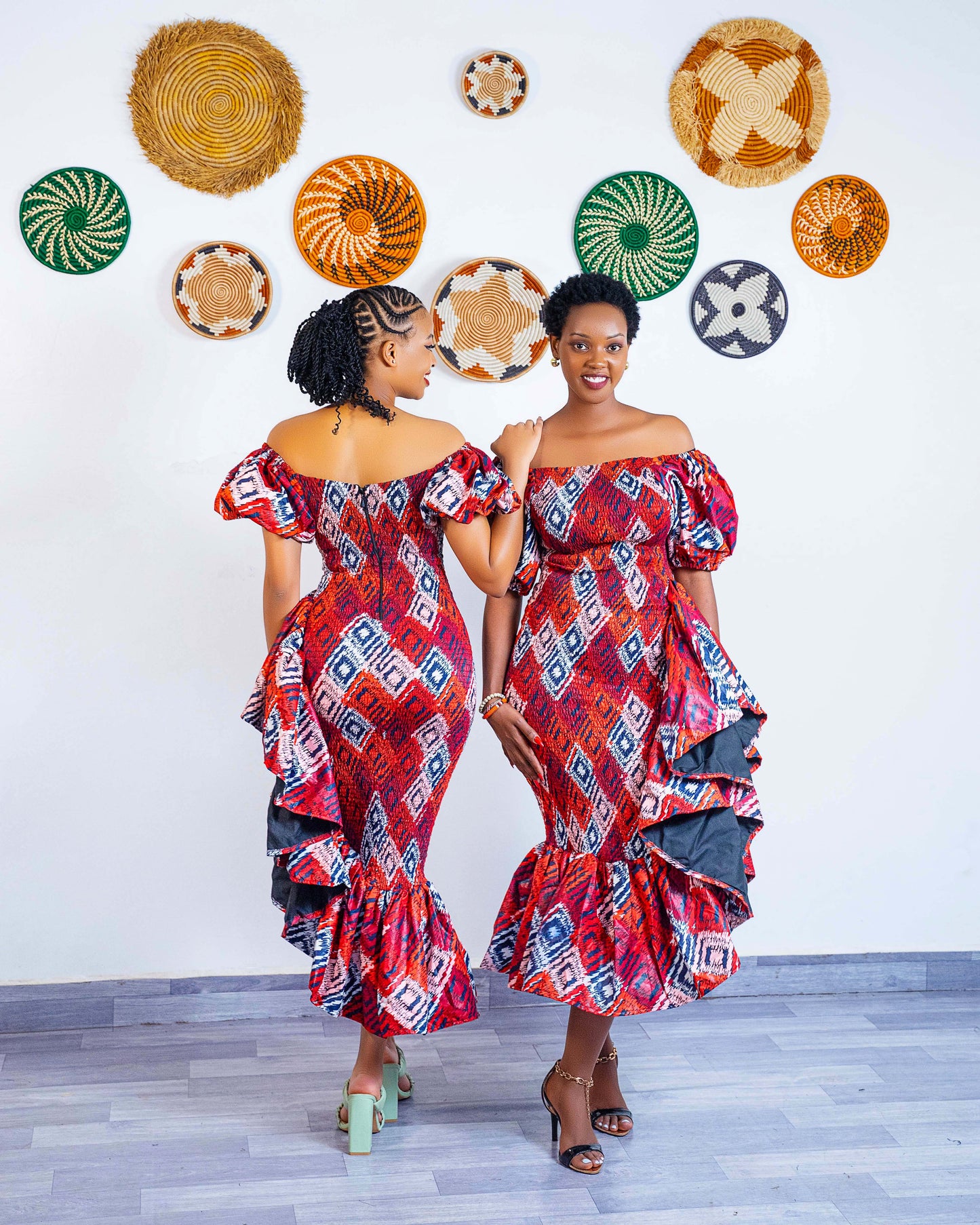 Seti Women's African Print Off-Shoulder Side Ruffle Dress  - Red