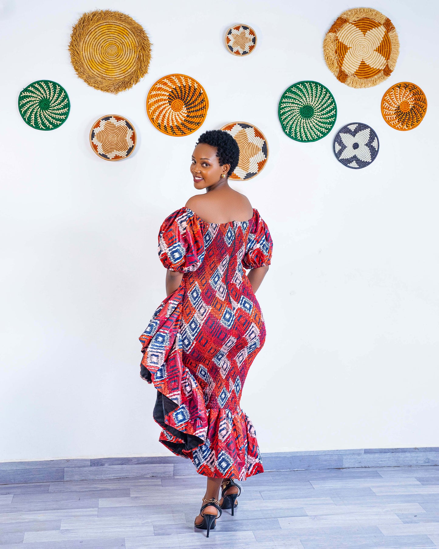 Seti Women's African Print Off-Shoulder Side Ruffle Dress  - Red