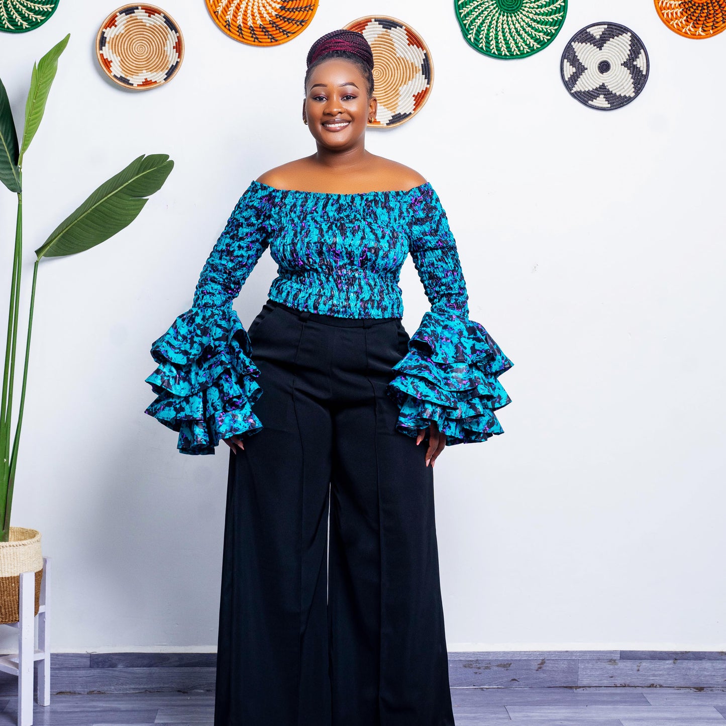 Soso Women's African Print Top with Dramatic Sleeves - Blue