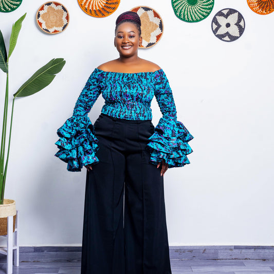 Soso Women's African Print Top with Dramatic Sleeves - Blue