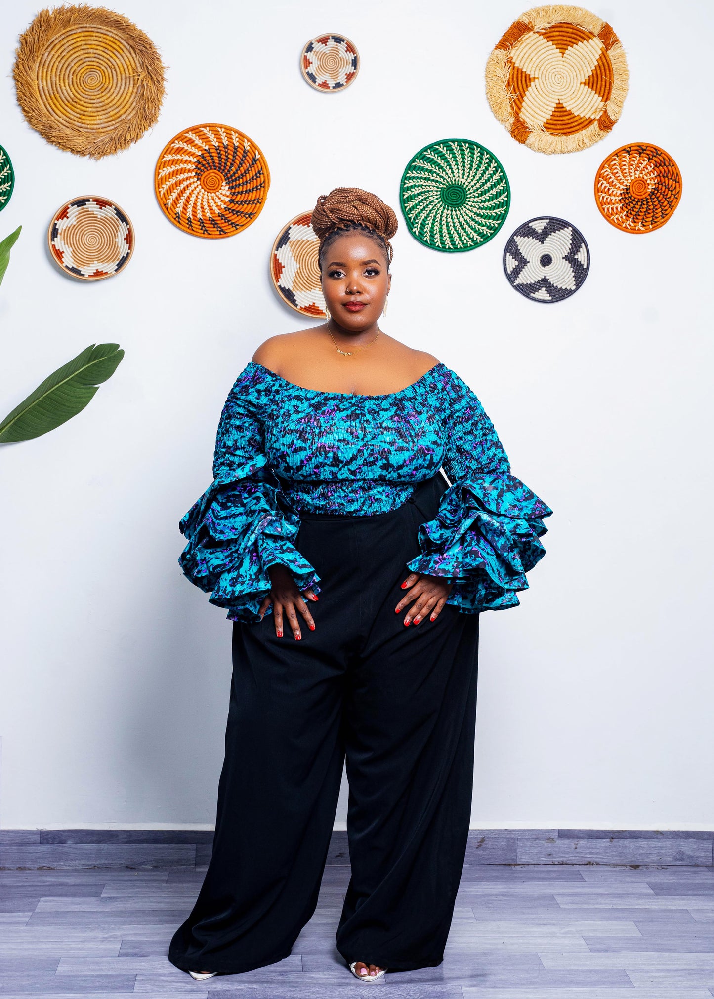 Soso Women's African Print Top with Dramatic Sleeves - Blue