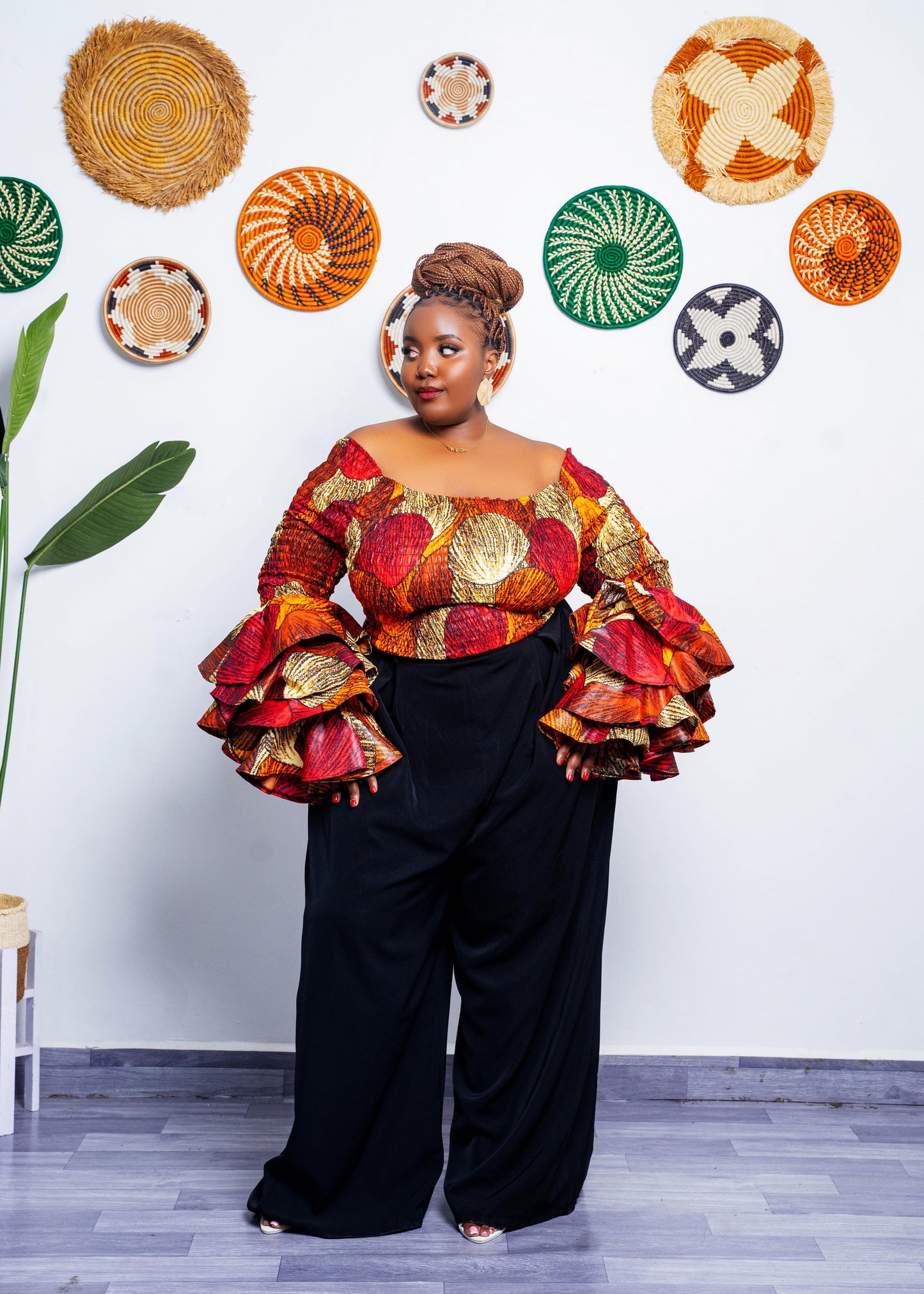 Soso Women's African Print Top with Dramatic Sleeves - Red/Brown