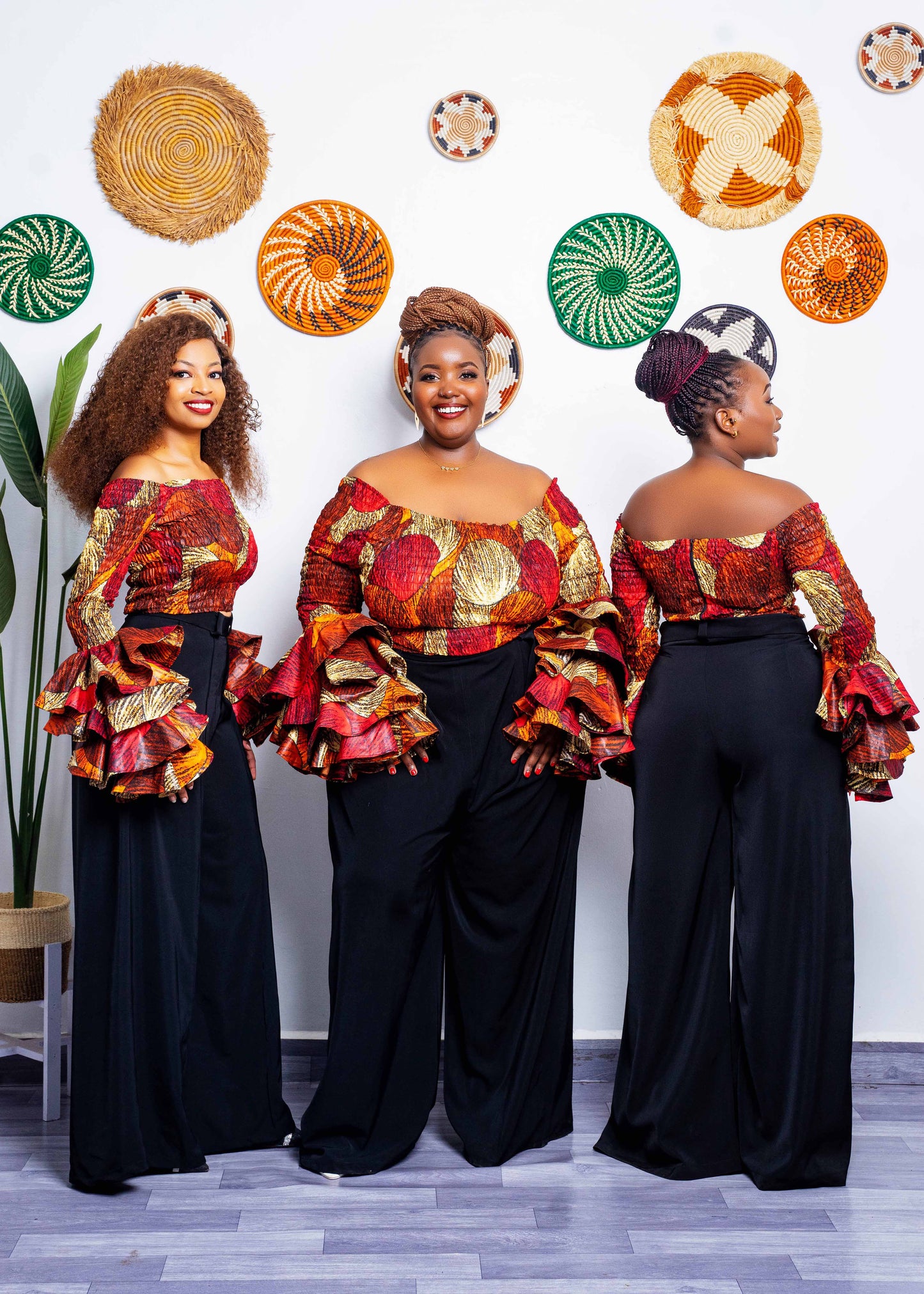 Soso Women's African Print Top with Dramatic Sleeves - Red/Brown