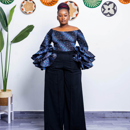 Soso Women's African Print Top with Dramatic Sleeves - BLACK